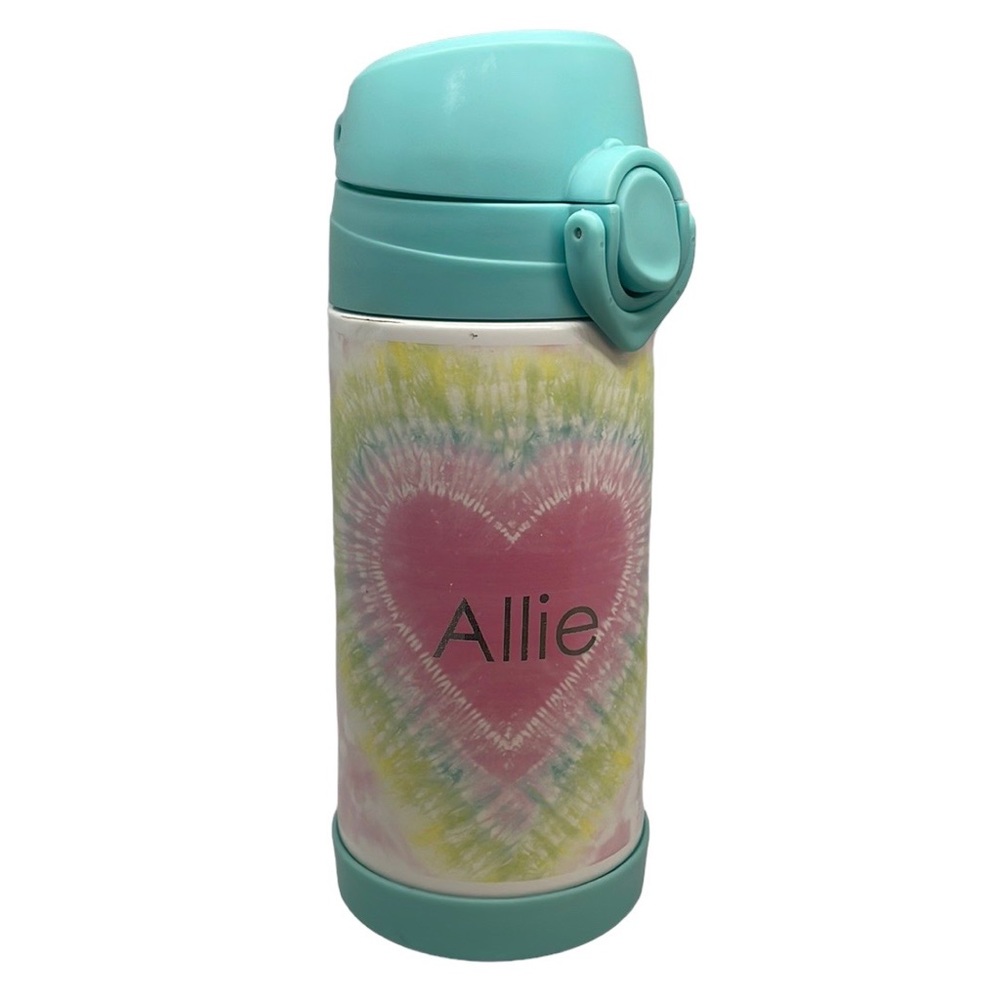 Pottery Barn Kids  Mackenzie Pink Heart Tie-Dye Water Bottle 12oz With “Allie”